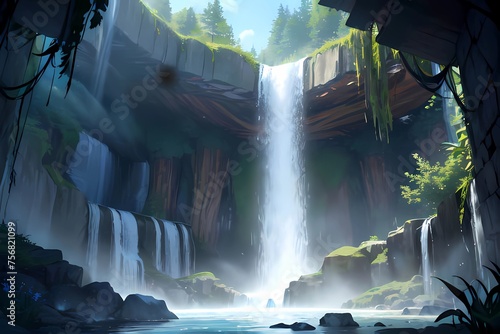 洞窟の先にある岩肌質の滝と湖イラスト