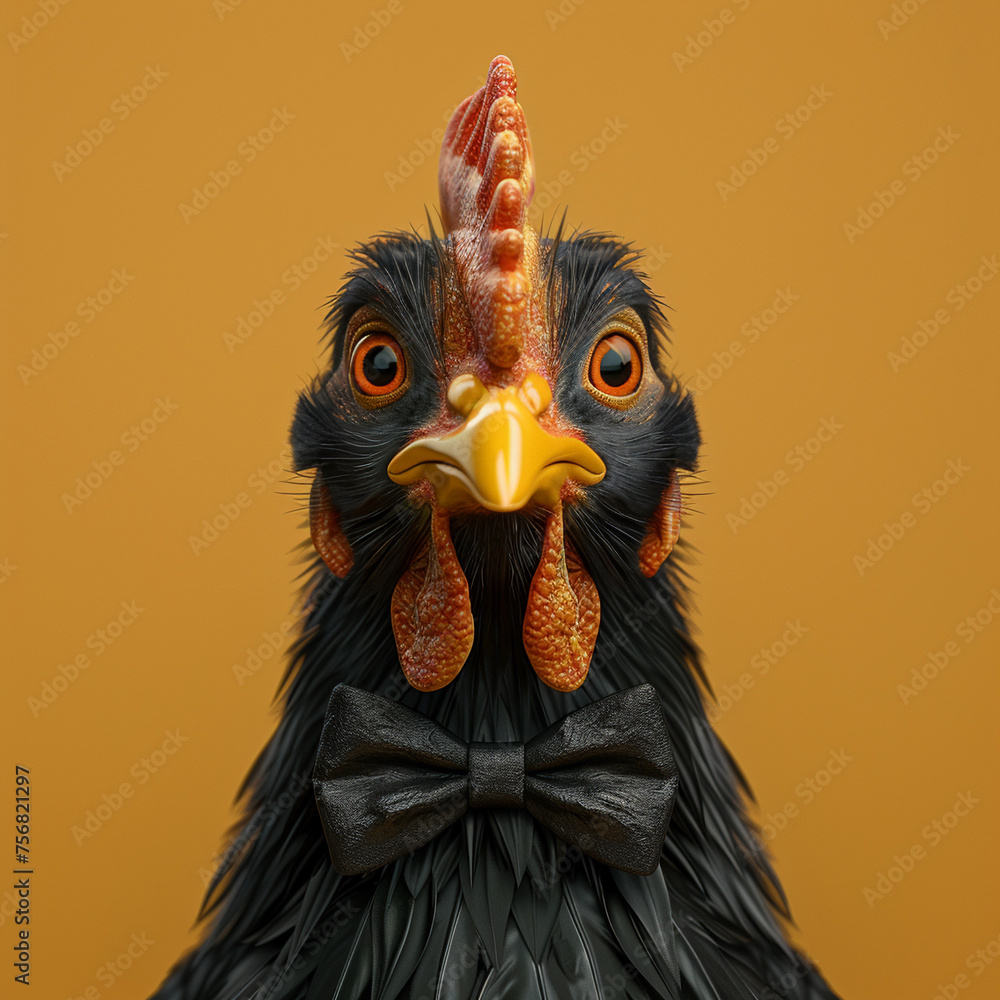 A rubber chicken wearing a bow tie presented in hyper-realistic 3D render