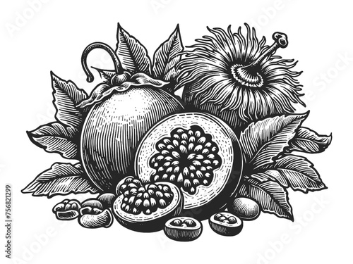 Detailed passion fruit and half with leaves plant food sketch engraving generative ai vector illustration. Scratch board imitation. Black and white image.
