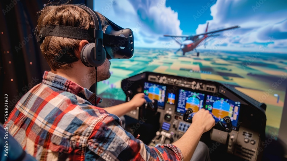 Aviation school pilot exam man in vr glasses controls virtual aircraft in flight simulator cabin. Aviation school pilot exam man in vr glasses controls virtual aircraft in flight simulator cabin.