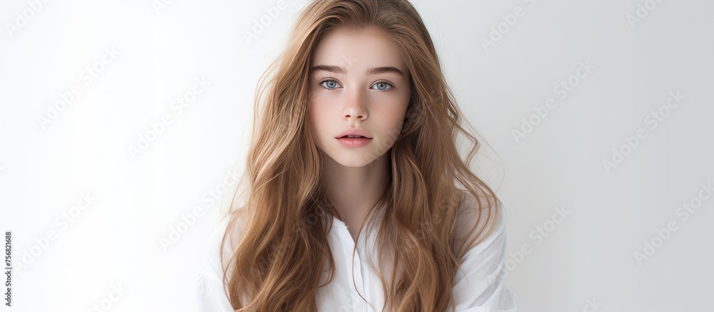 A woman with layered brown hair is wearing a white shirt and gazing intensely at the camera with a subtle jaw gesture. Her long eyelashes complement her brown hair beautifully A woman with layered brown hair is wearing a white shirt and gazing intensely at the camera with a subtle jaw gesture. Her long eyelashes complement her brown hair beautifully