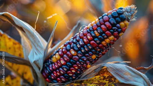 Colorful cobs of ornamental corn lie side by side and on top of each other and form background in autumn photo