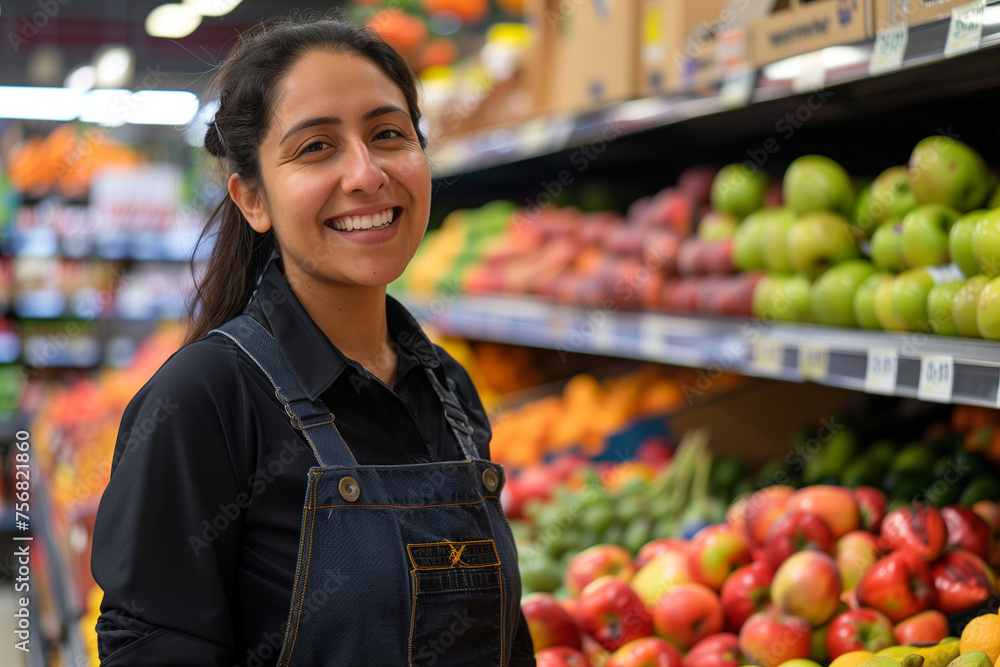 Smiling female supermarket fruit section worker looking at the camera