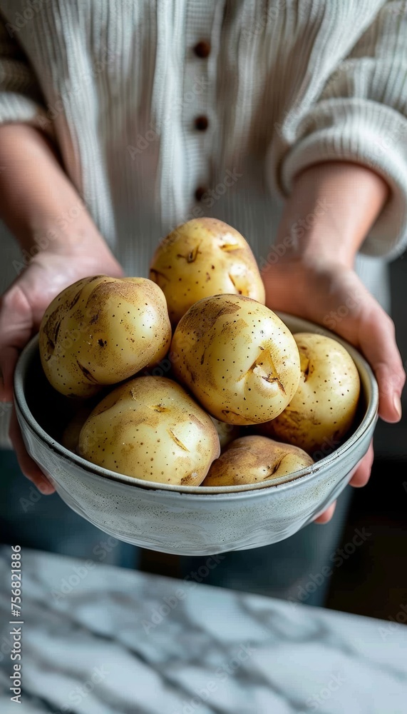 Hand holding golden potato with blurred potato selection background, perfect for text placement Hand holding golden potato with blurred potato selection background, perfect for text placement