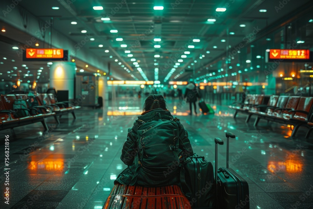 A lone traveler with a backpack sits in anticipation at an airport terminal with rows of empty seats A lone traveler with a backpack sits in anticipation at an airport terminal with rows of empty seats