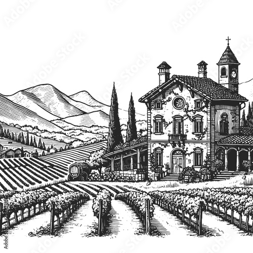 serene Tuscan vineyard landscape with a traditional villa  cypress trees  and distant hills. Sketch engraving generative ai vector illustration. Scratch board imitation. Black and white image.