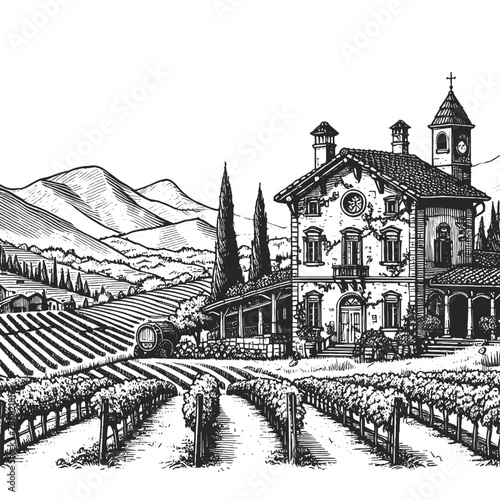 serene Tuscan vineyard landscape with a traditional villa, cypress trees, and distant hills. Sketch engraving generative ai vector illustration. Scratch board imitation. Black and white image.