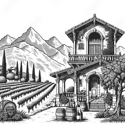 serene Tuscan vineyard landscape with a traditional villa, cypress trees, and distant hills. Sketch engraving generative ai vector illustration. Scratch board imitation. Black and white image.