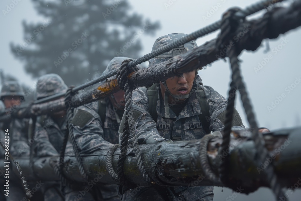 Close-up of soldiers in camouflage navigating a complex rope obstacle in misty conditions