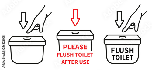 Flush water in toilet after use, hand press button lavatory pan tank for cleaning wash line icon set. Do not dirty public restroom bowl. Washroom sanitary equipment. WC closet room warning sign vector photo