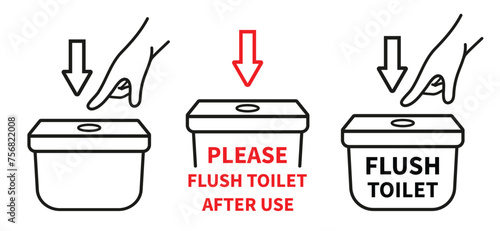 Flush water in toilet after use, hand press button lavatory pan tank for cleaning wash line icon set. Do not dirty public restroom bowl. Washroom sanitary equipment. WC closet room warning sign vector