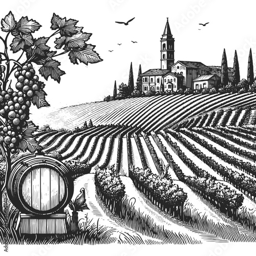 serene Tuscan vineyard landscape with a traditional villa, cypress trees, and distant hills. Sketch engraving generative ai vector illustration. Scratch board imitation. Black and white image.
