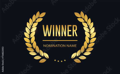 Vector gold laurel for winner. Golden laurel wreath frame. First place medal. Award icon, winner emblem. Vector illustration EPS10
