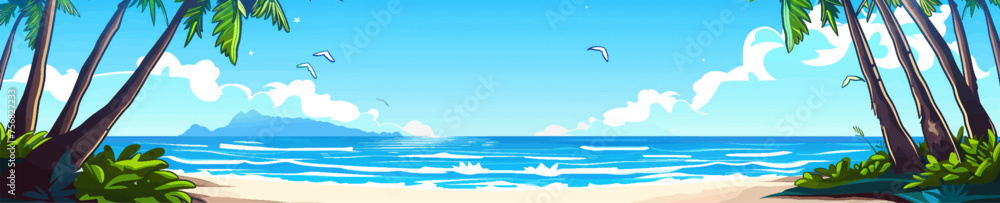 serene panoramic illustration of a tropical beach, with palm trees framing the tranquil blue ocean and clear skies generative ai vector illustration