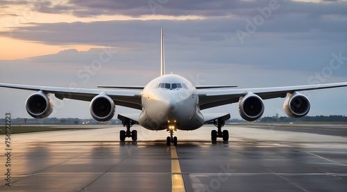 A huge aircraft with its landing gear down and taking off at dusk or morning from an airport runway could be seen