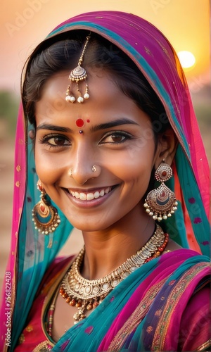 Indian woman smiles gracefully elegantly dressed in colorful sari  showcasing vibrant cultural heritage of India. For use in contexts related to Indian culture  fashion  traditional attire  diversity.