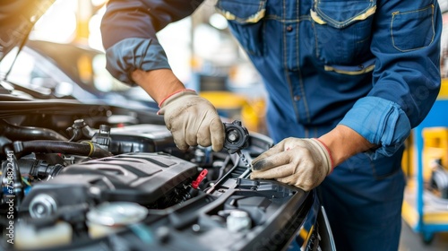 Skilled hands of automotive technician performing car repairs at auto service center