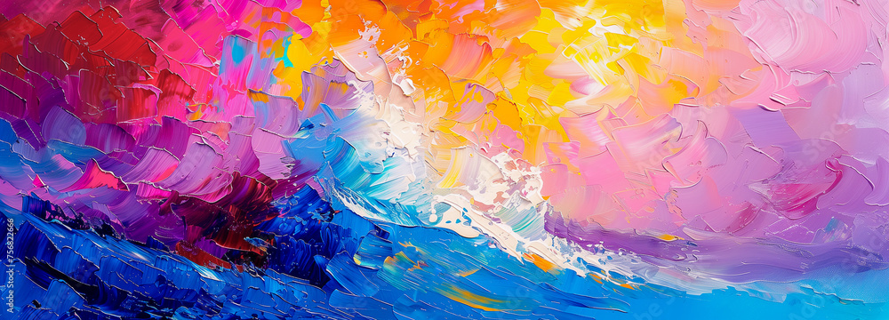 Colorful ocean sunset abstract painting. Water waves, sky clouds background. Rainbow blue, yellow, pink brushstroke texture for copy space text. Beach vacation travel illustration by Vita Colorful ocean sunset abstract painting. Water waves, sky clouds background. Rainbow blue, yellow, pink brushstroke texture for copy space text. Beach vacation travel illustration by Vita