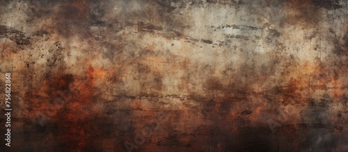 A close up of a rusty brown metal surface with a blurred natural landscape background. The pattern of rust resembles wood grain  creating an artful visual arts composition in the darkness