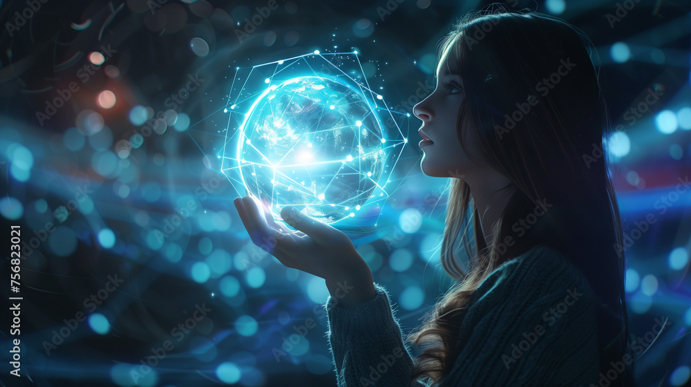 In n the Era of Metaverse: Embracing Virtual Reality Connectivity. A woman holds the power of a global network connection, symbolizing the future of communication through internet and wireless tec