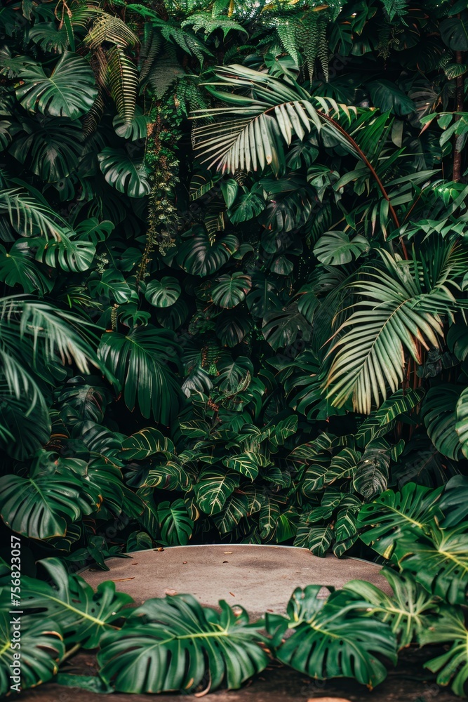 White round podium amidst lush green foliage in a serene natural setting with vibrant greenery White round podium amidst lush green foliage in a serene natural setting with vibrant greenery
