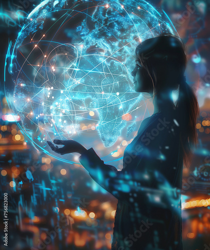 In n the Era of Metaverse: Embracing Virtual Reality Connectivity. A woman holds the power of a global network connection, symbolizing the future of communication through internet and wireless tec photo