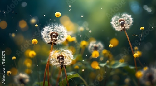 Abstract blurring background of nature with dandelions and parachute seeds. Nature's abstract bokeh pattern