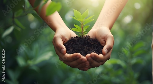 Hold the plant in your hands. idea of ecology. Background of Nature