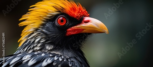 a close up of a bird with red eyes and a yellow beak . High quality