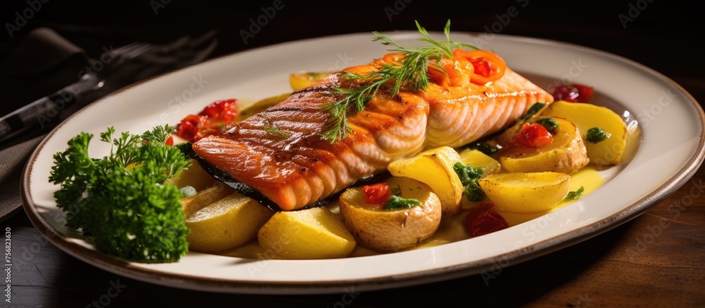 A dish featuring salmon and potatoes on a white plate placed on a rustic wooden table. This seafood recipe includes staple food ingredients garnished to perfection