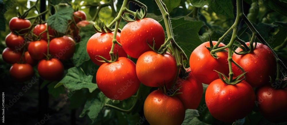 A vine in a greenhouse is producing a bountiful crop of tomatoes, a staple food and versatile ingredient in many dishes. These natural fruits are a nutritious and delicious addition to any meal