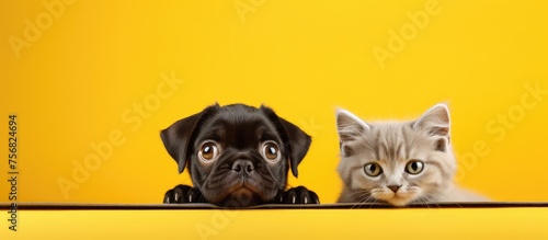 A Dog and a Kitten from the Carnivora family are peeking over a yellow wall with their whiskers and snouts visible, beside some iris and fawn plants photo