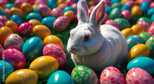 Portrait of white easter bunny surrounded by colorful eggs