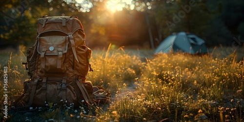 Backpack with tourist tent on the wild nature background. Hiking and camping equipment in the forest  travel concept. Panoramic view with copy space.