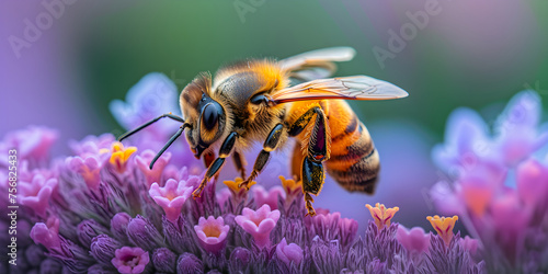Honey bee covered with yellow pollen collecting nectar from lavender flower. Close-up banner, spring and summer background. Beekeeping, wildlife and ecology concept.