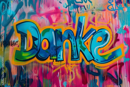 Danke graffiti card with bright, colorful colors. Gratitude concept background.
