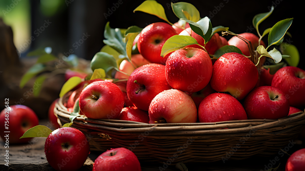 Bountiful Harvest: A rustic woven basket cradles a generous collection of freshly picked red apples, their surfaces glistening with water droplets. The vibrant green leaves attached to the apples add Bountiful Harvest: A rustic woven basket cradles a generous collection of freshly picked red apples, their surfaces glistening with water droplets. The vibrant green leaves attached to the apples add
