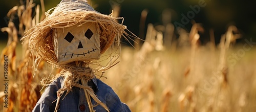 A scarecrow made of wood is happy to guard the field of wheat. It stands tall among the arthropods and insects, looking like a toy in an art event photo