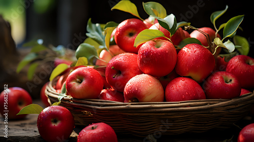 Bountiful Harvest  A rustic woven basket cradles a generous collection of freshly picked red apples  their surfaces glistening with water droplets. The vibrant green leaves attached to the apples add 