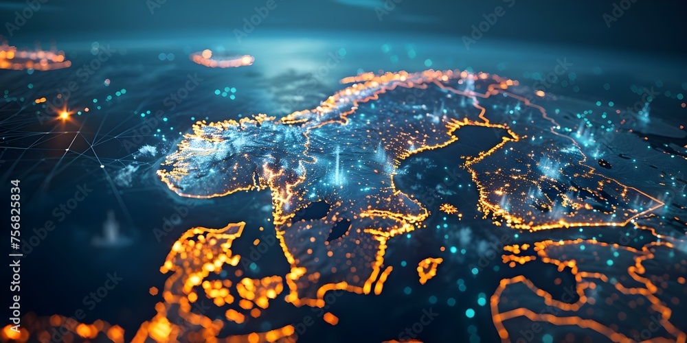 Digital map of Scandinavia symbolizing global network data transfer and connectivity. Concept Global Connectivity, Digital Networks, Scandinavia, Data Transfer, Mapping - obrazy, fototapety, plakaty 