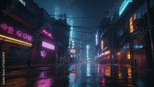 A night view of an urban city with raining and storm can be seen in the sky. The neon lights are presenting a cyberpunk theme.
