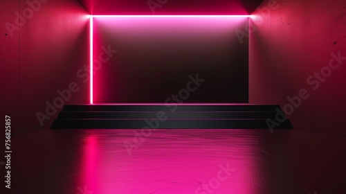 A pink light radiated from the center of the shiny black canvas. Create a mesmerizing and minimalist aesthetic with striking contrast and striking simplicity.