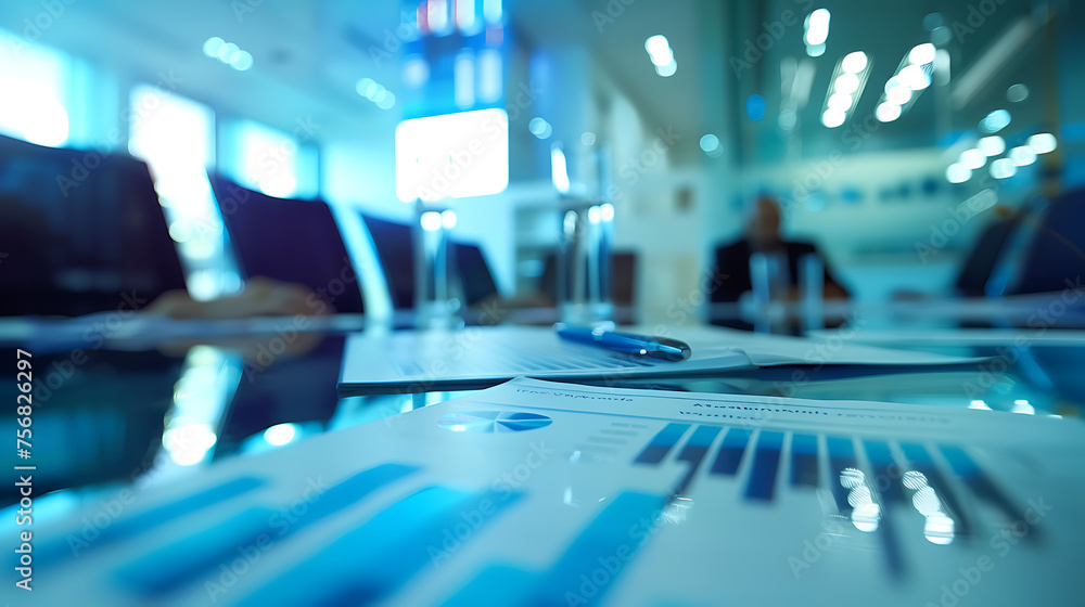 In a corporate boardroom, a team of executives gathers around a conference table to review a set of business graphics depicting financial projections and market analysis In a corporate boardroom, a team of executives gathers around a conference table to review a set of business graphics depicting financial projections and market analysis