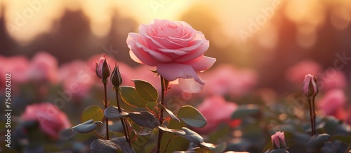 A picturesque natural landscape with a field of magenta hybrid tea roses, highlighted by a single pink rose in the foreground, surrounded by lush green grass and sparkling water
