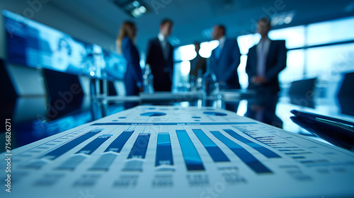 In a corporate boardroom, a team of executives gathers around a conference table to review a set of business graphics depicting financial projections and market analysis