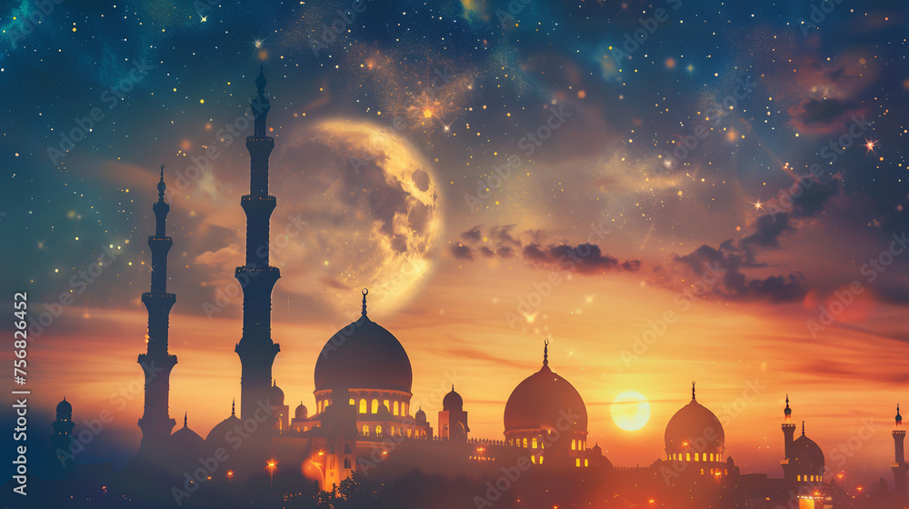 Crescent moon and mosque silhouettes panorama on ornamental Ramadan Kareem ideal for festive background with copy space Islamic design greeting card, Eid Mubarak, Eid Al-Fitr celebration concept - obrazy, fototapety, plakaty 