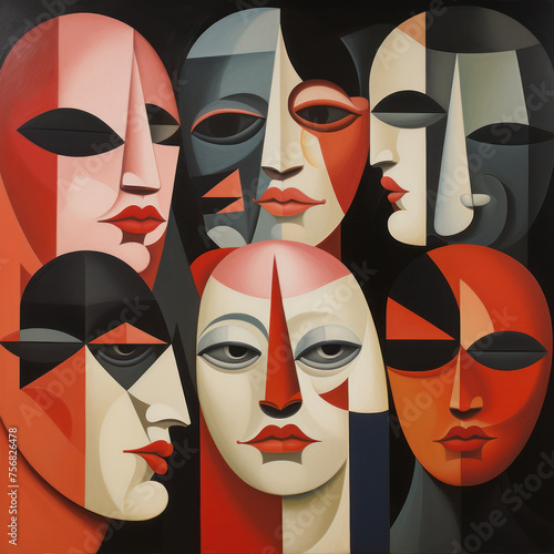 Artistic cubist depiction of serene faces painted in a palette of reds and greys