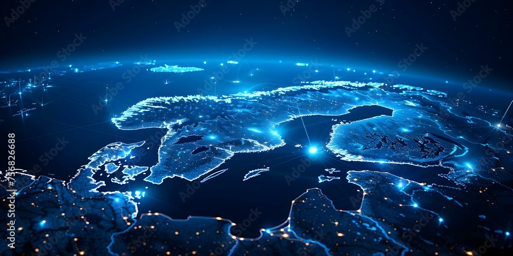 Mapping the Digital Infrastructure of Scandinavia: Global Network Data Transfer and Technology. Concept Technology Infrastructure, Data Transfer, Scandinavia, Global Network, Mapping - obrazy, fototapety, plakaty 