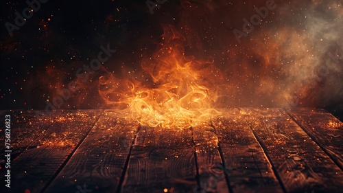 wooden table with Fire burning at the edge of the table, fire particles, sparks, and smoke in the air, with fire flames on a dark, copy space - generative ai