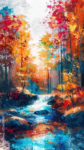 Beautiful autumn landscape with colorful trees and river. Digital painting. © ryanbagoez